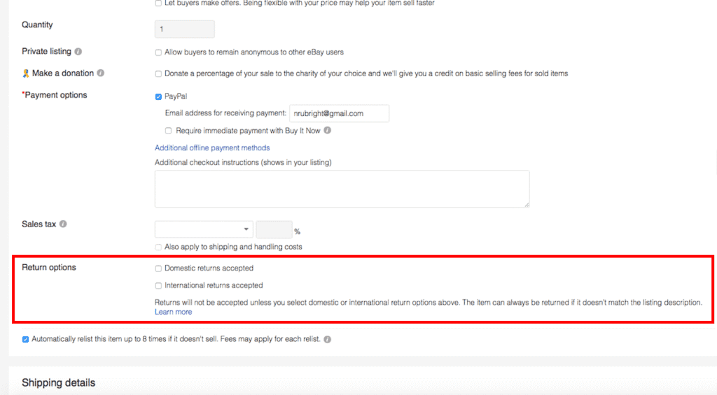“Selling details” section and look for the “Return options” sub-section
