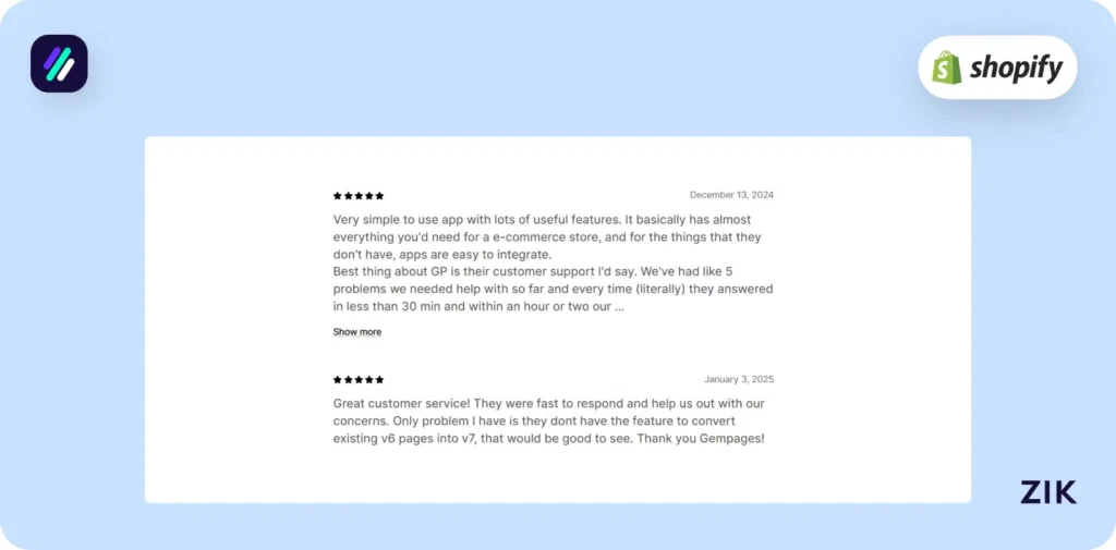 Shopify Page Builder Apps GemPages reviews