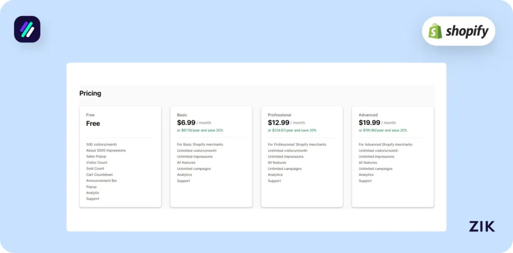 Shopify Pop-Up Apps Qikify Sales Pop pricing