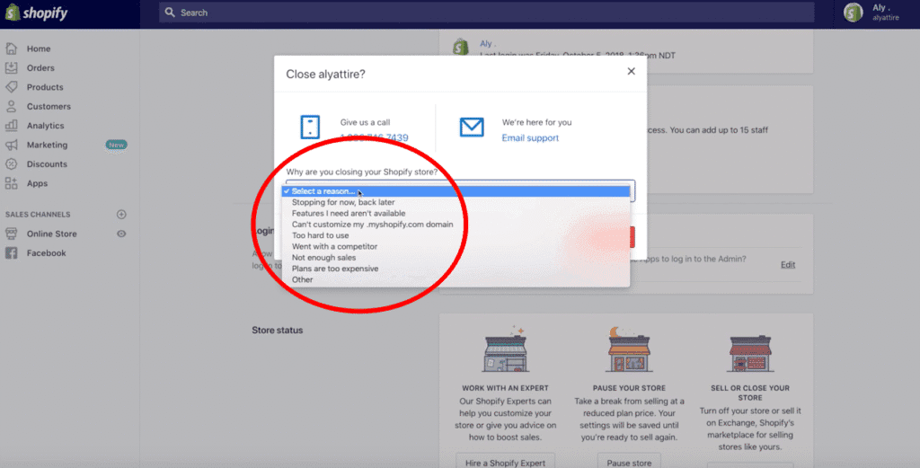 select a reason why you are closing