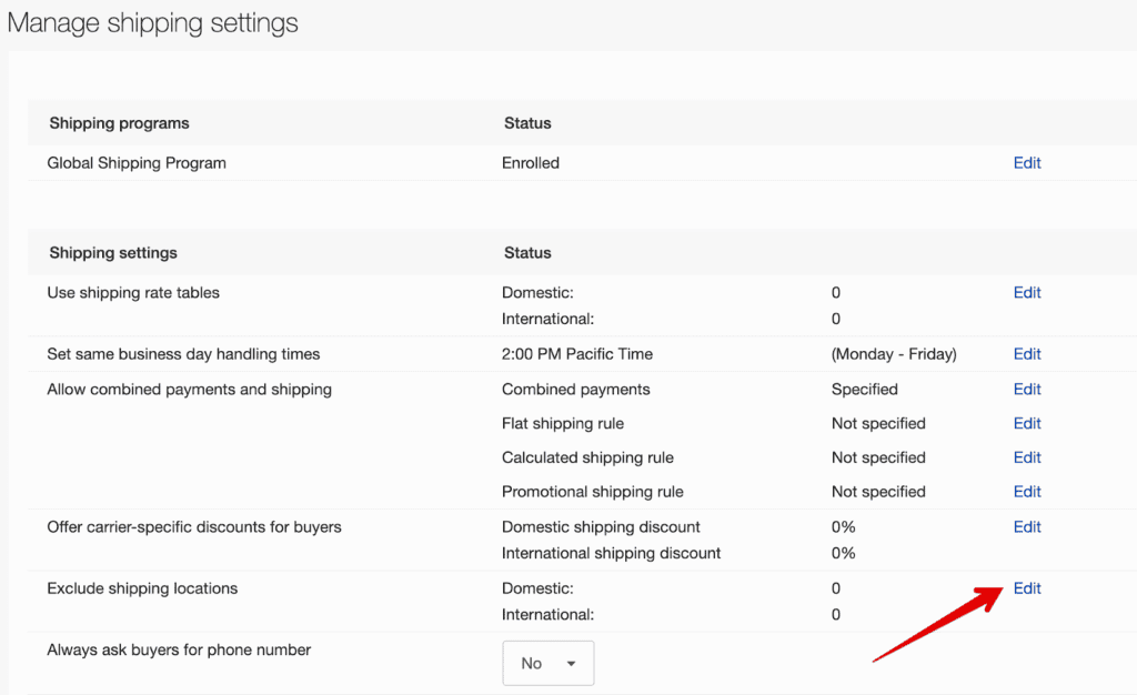 Scroll To “Exclude Shipping Locations” and Click “Edit”