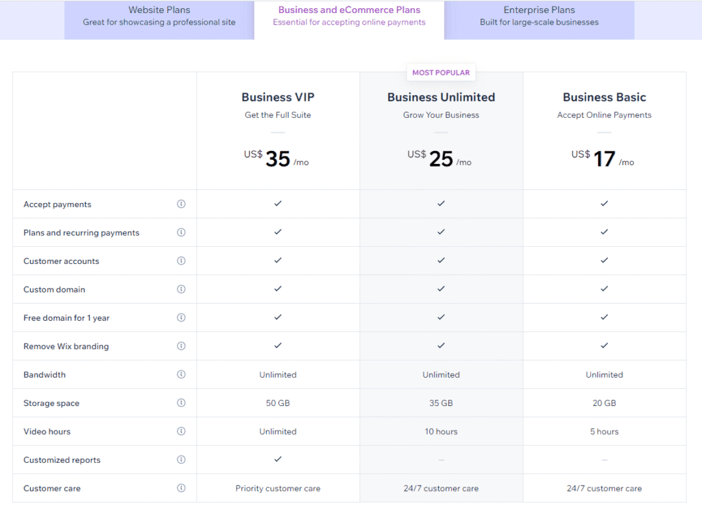 Wix Business Pricing
