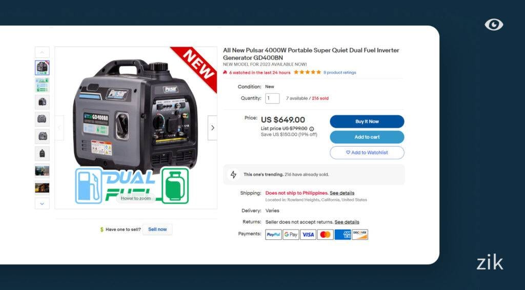 generator eBay listing