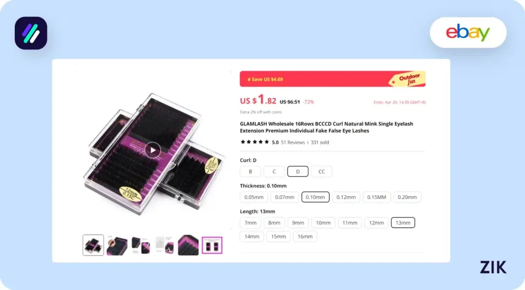 single eyelash extension product sold for $1.82