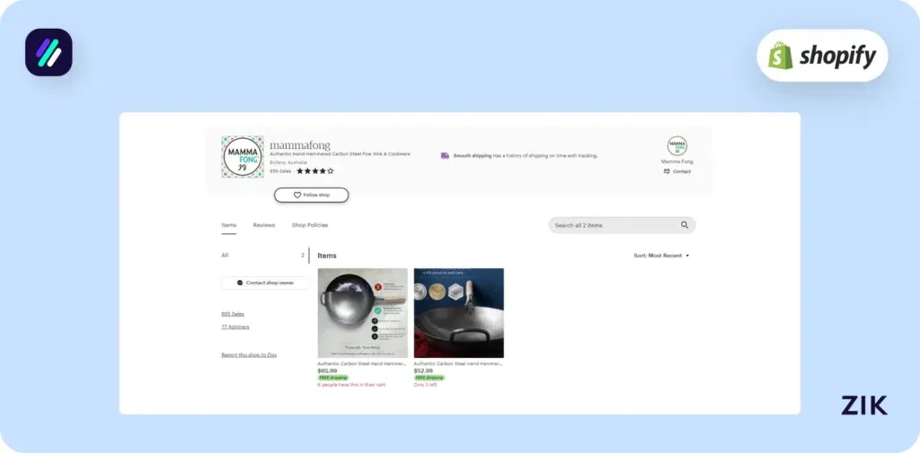 Etsy shop's home page