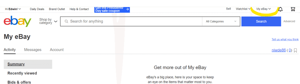 Go to My eBay, which is on the upper right hand corner of the profile page