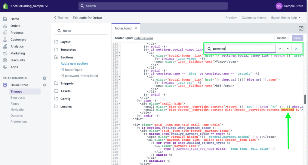 Type in “powered” to find the footer link