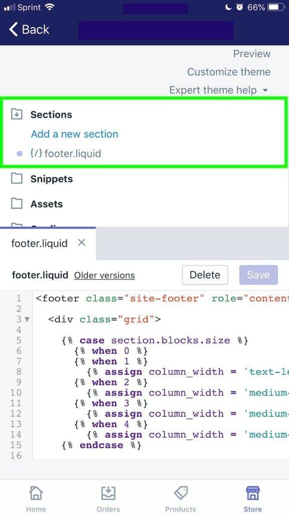 click on the ‘footer.liquid’ link mobile