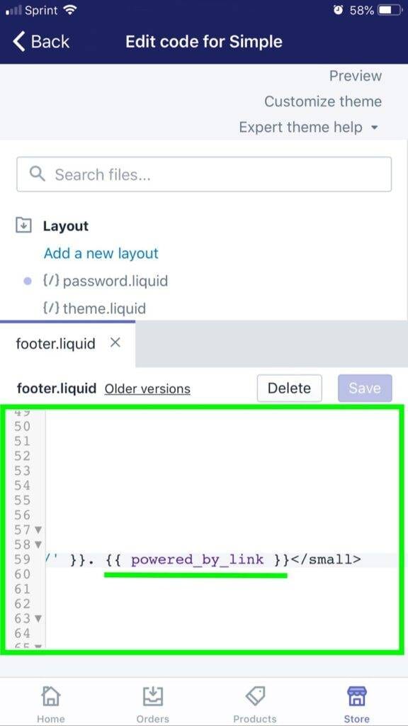 scroll through the code file until you find ‘{{ powered_by_link }}’ in the text