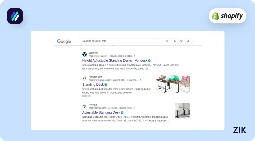 “standing desks for sale” prompts Google