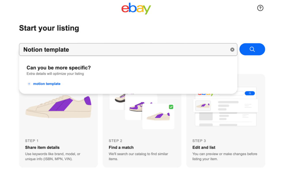 Starting your eBay listing for digital product