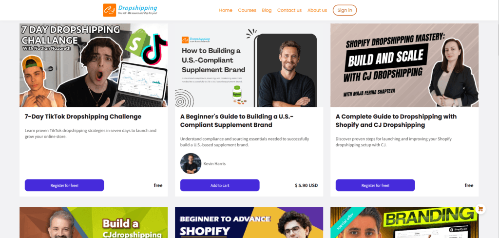 cj dropshipping academy with many courses