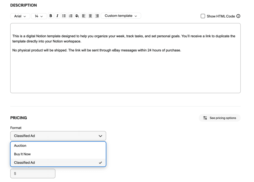 description and pricing and format for digital product ebay