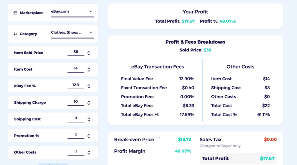 enter data of your target product and category to find out fees