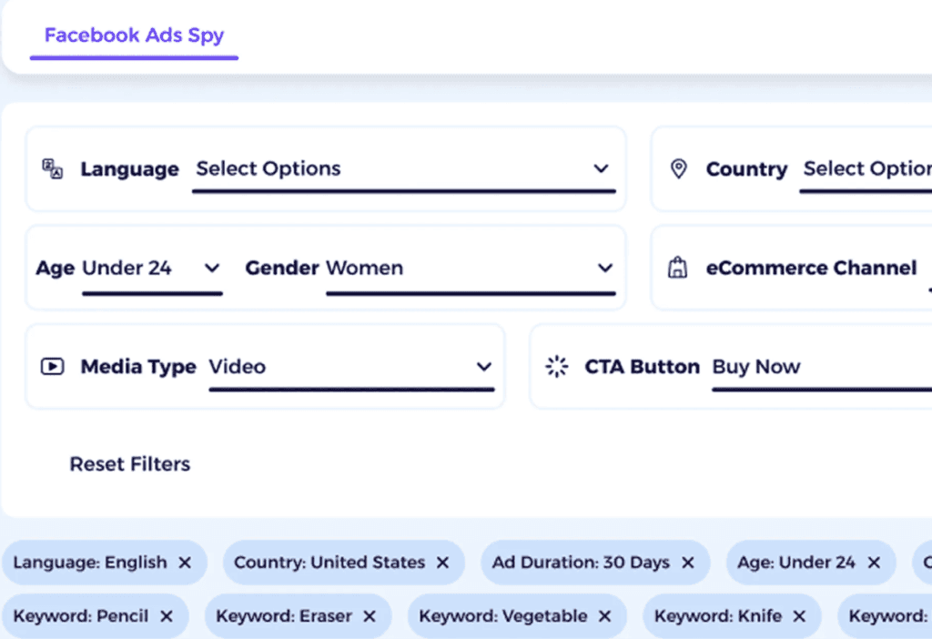 filter on demographics, ecommerce types, media type on the ads you want to look at and then find products to sell on shopify