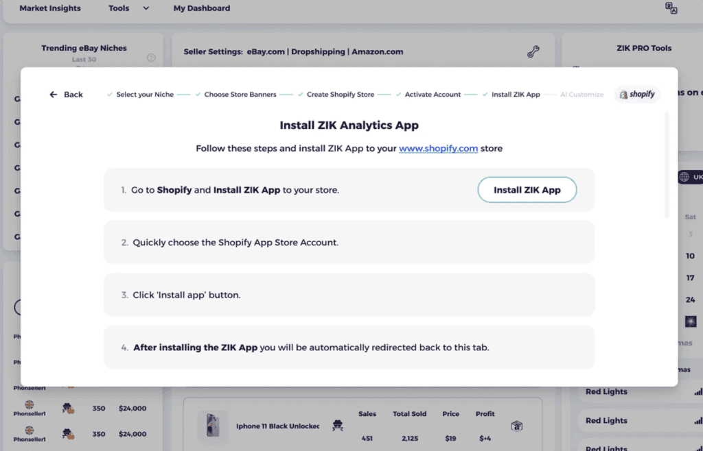 include product research tool of ZIK when using it as a shopify AI store builder for centralized controlls