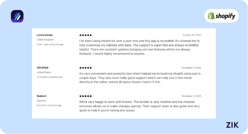 instant shopify page builder app reviews