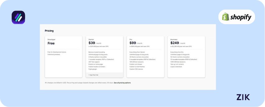 instant shopify page builder apps pricing