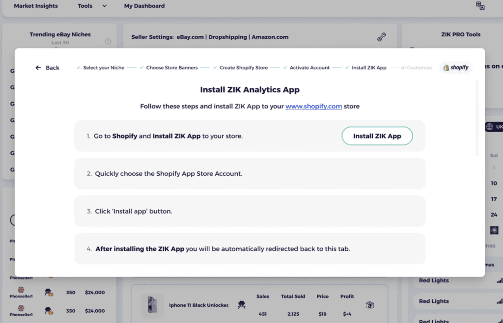 prompt to install zik analytics app via Shopify ai search