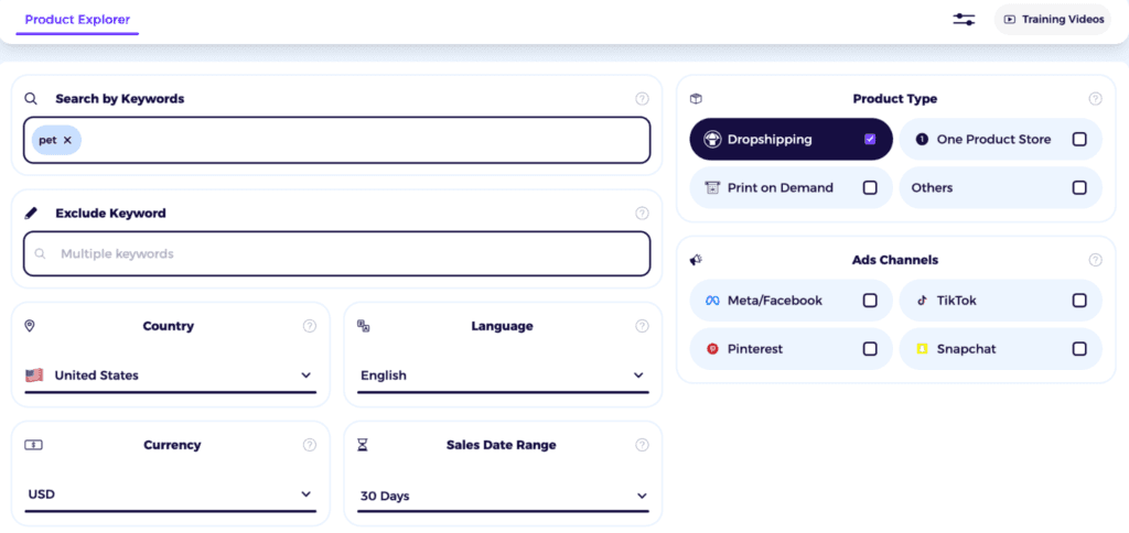 put the keywords you want to research on in the product explorer for your tiktok dropshipping business