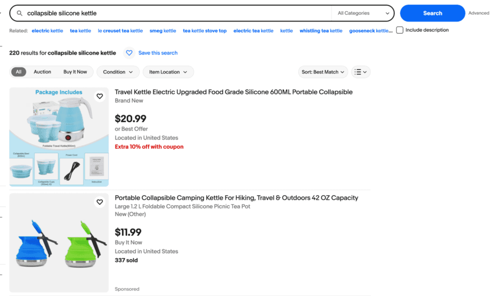 search one of the seed ideas on ebay foucsing on keyword and assess the search results page when doing ebay product research