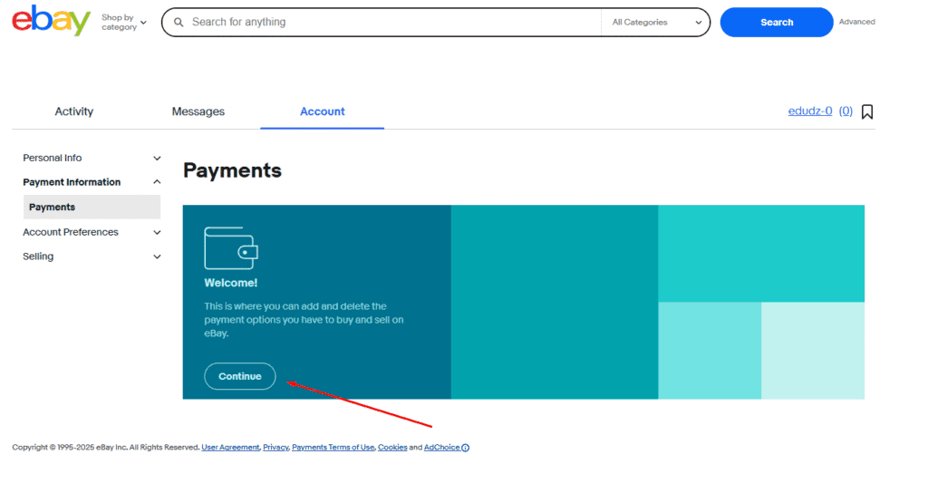 step 4 set up an ebay account continue ebay account payment
