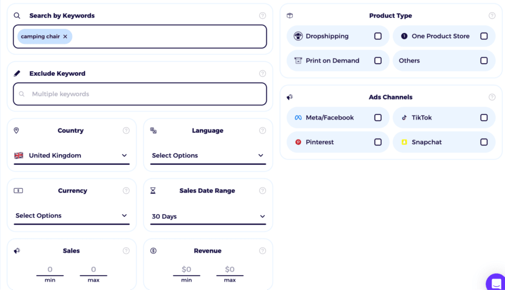 type in niche to check product information and validate demand in product research tool