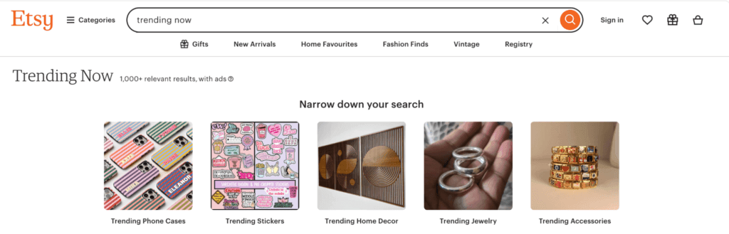 visit trending know page of etsy to know how to find winning products for dropshipping