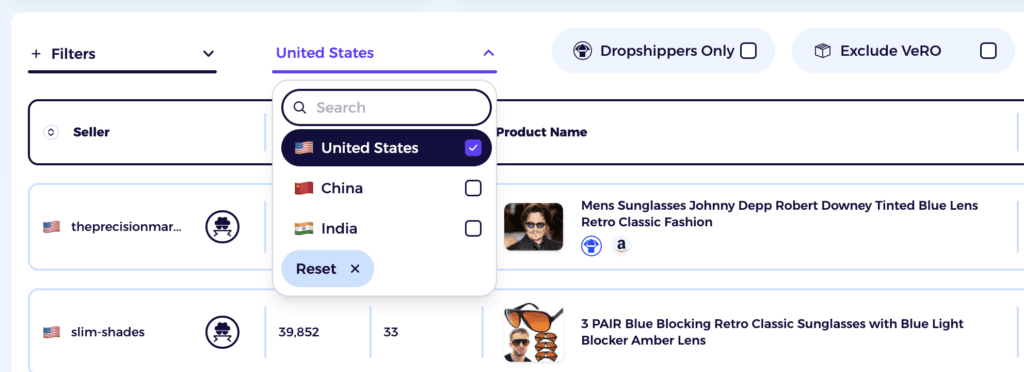 zik analytics country option for filtering ebay seller