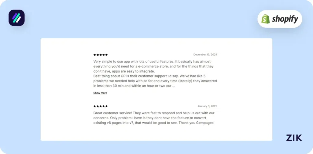 Shopify Page Builder Apps GemPages reviews