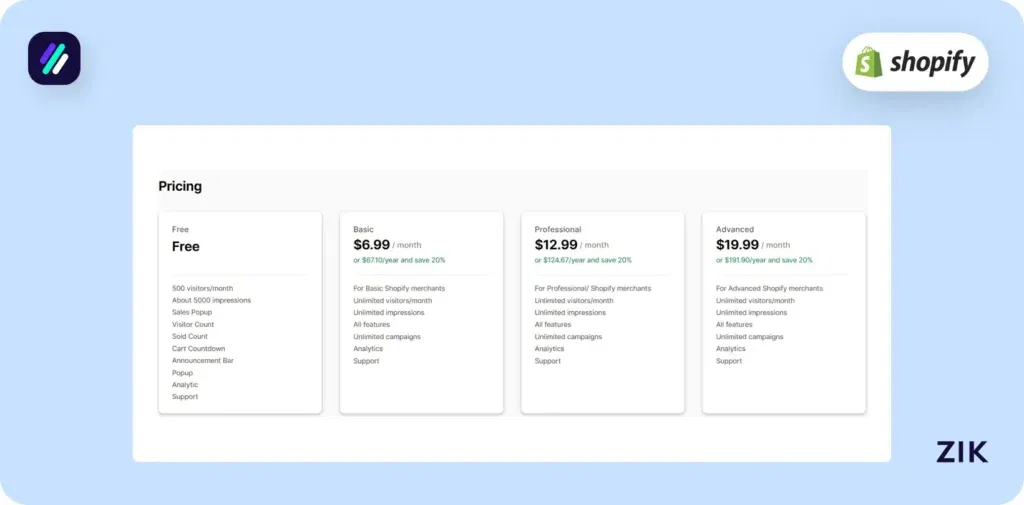 Shopify Pop-Up Apps Qikify Sales Pop pricing