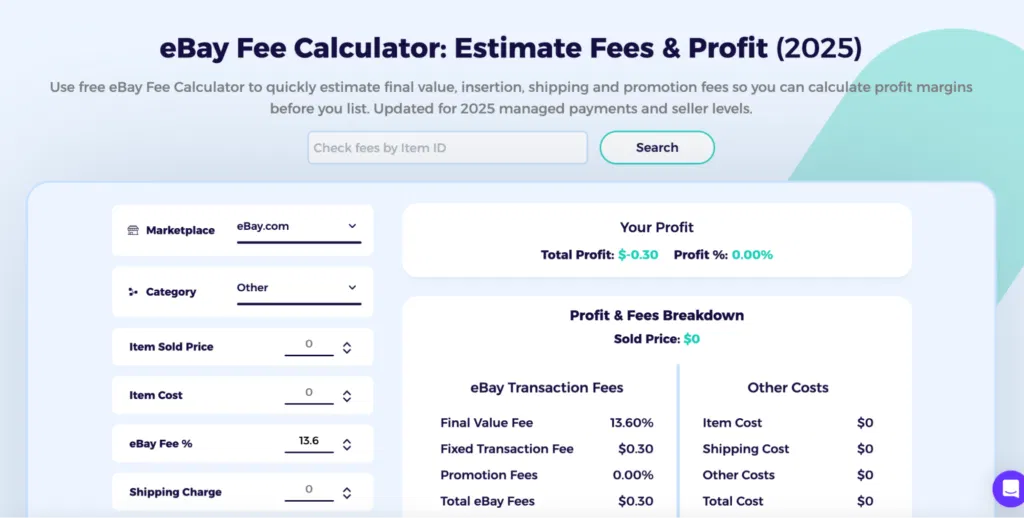 ebay fee cauclator dashboard zik