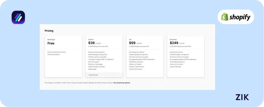 instant shopify page builder apps pricing