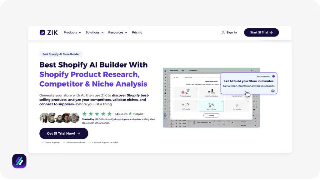 one of the best dropshipping software for store creation is ZIK Analytics (Shopify AI Builder)