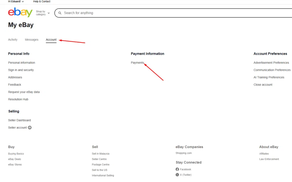 step 3 setting up ebay account payments clicking payments